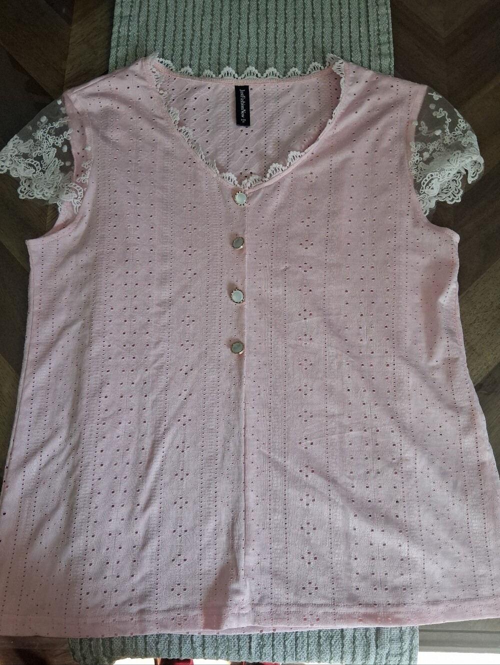 Light Pink Eyelet Button-Front Blouse with Lace Cap Sleeves
